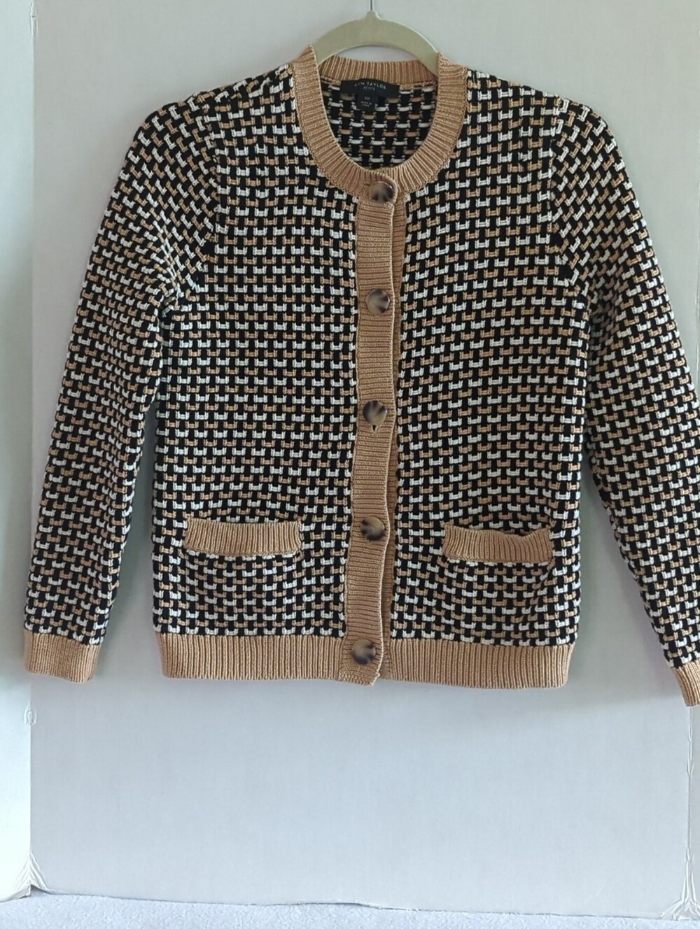 And Taylor Petite Black White Tan Heavy Cardigan Sweater w Pockets Size XSP